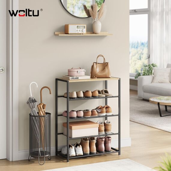 WOLTU Schuhregal mit 4 Ebenen, Schuhständer Metall, Schuhaufbewahrung platzsparend, Schuhorganizer für 12 Paar, Flur Wohnzimmer, 63x83x30 cm, schwarz