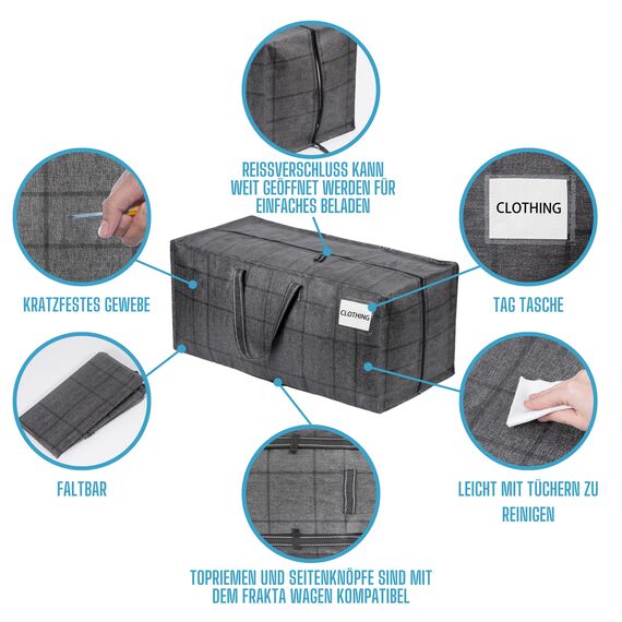 VENO 87 Liter extra große Umzugstaschen mit Rucksackgurten, Umzugshelfer, starke Griffe und Reißverschlüsse, Kleideraufbewahrung, Wäschesäcke, wiederverwendbar (Schwarzes Fenstertuch, 8er-Pack)