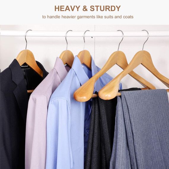 HOUSE DAY Kleiderbügel Holz Breit Natur 18X - rutschfest, Stabil, Jackbügel, Anzugbügel, Holzbügel Mit Breiten Schultern, Rutschfesten Hosenstangen Und Drehbaren Haken