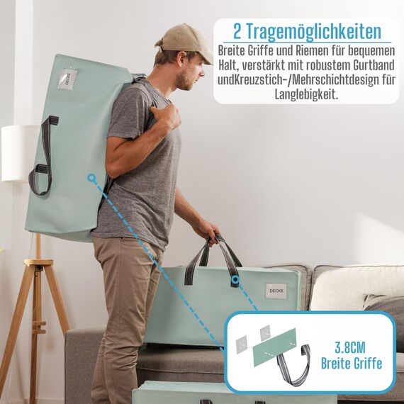 VENO 87 Liter extra große Umzugstaschen mit Rucksackgurten, Umzugshelfer, starke Griffe und Reißverschlüsse, Kleideraufbewahrung, Wäschesäcke, wiederverwendbar und nachhaltig (Hellgrün, 2er-Pack)