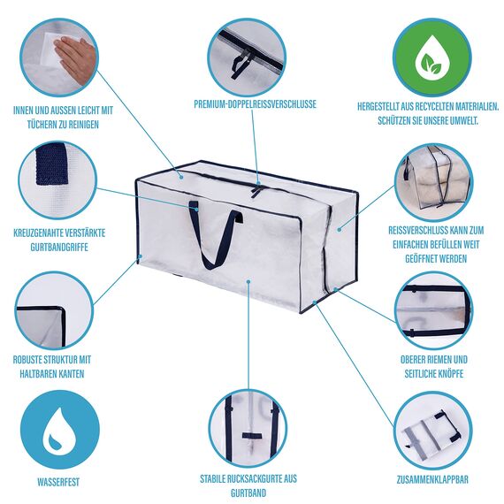 VENO 87 Liter extra große Umzugstaschen mit Rucksackgurten, Umzugshelfer, starke Griffe und Reißverschlüsse, Kleideraufbewahrung, Wäschesäcke, wiederverwendbar (Transparent, 10er-Pack)
