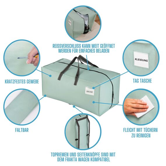 VENO 87 Liter extra große Umzugstaschen mit Rucksackgurten, Umzugshelfer, Starke Griffe und Reißverschlüsse, Kleideraufbewahrung, Wäschesäcke, wiederverwendbar und nachhaltig (Hellgrün, 6er-Pack)