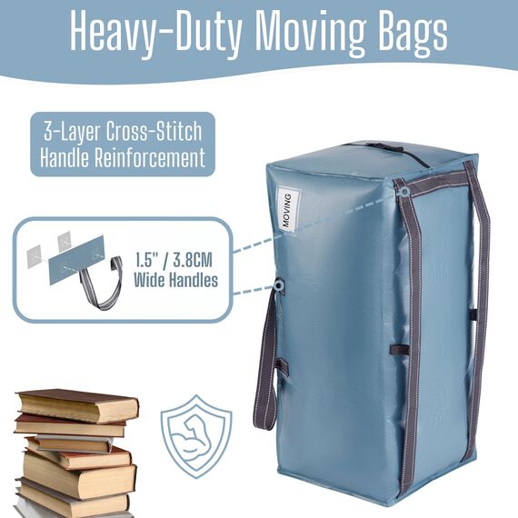 VENO 87 Liter extra große Umzugstaschen mit Rucksackgurten, Umzugshelfer, starke Griffe und Reißverschlüsse, Kleideraufbewahrung, Wäschesäcke, wiederverwendbar und nachhaltig (Hellblau, 4er-Pack)