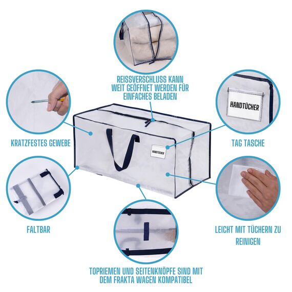 VENO 87 Liter extra große Umzugstaschen mit Rucksackgurten, Umzugshelfer, starke Griffe und Reißverschlüsse, Kleideraufbewahrung, Wäschesäcke, wiederverwendbar und nachhaltig (Transparent, 4er-Pack)