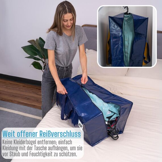 VENO 87 Liter extra große Umzugstaschen mit Rucksackgurten, Umzugshelfer, starke Griffe und Reißverschlüsse, Kleideraufbewahrung, Wäschesäcke, wiederverwendbar und nachhaltig (Blau, 8er-Pack)