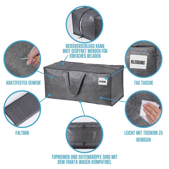 VENO 87 Liter extra große Umzugstaschen mit Rucksackgurten, Umzugshelfer, starke Griffe und Reißverschlüsse, Kleideraufbewahrung, Wäschesäcke, wiederverwendbar und nachhaltig (Grau, 6er-Pack)