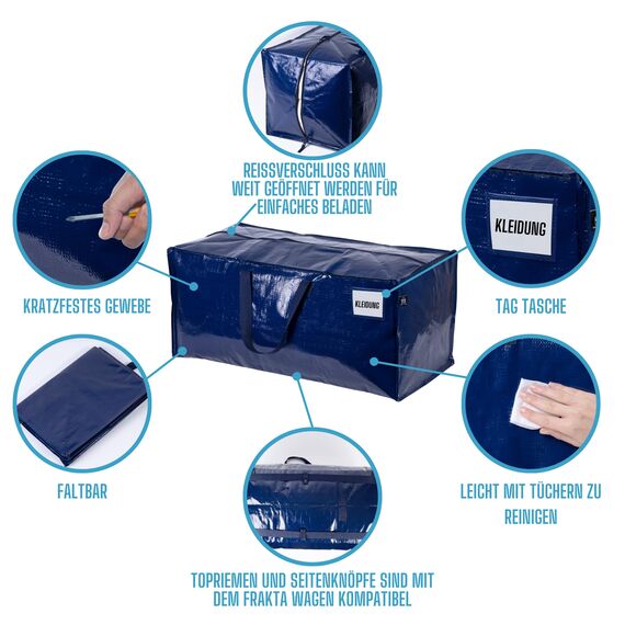 VENO 87 Liter extra große Umzugstaschen mit Rucksackgurten, Umzugshelfer, Starke Griffe und Reißverschlüsse, Kleideraufbewahrung, Wäschesäcke, wiederverwendbar und nachhaltig (Blau, 6er-Pack)