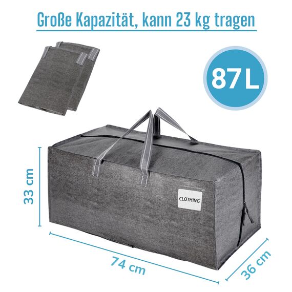 VENO 87 Liter extra große Umzugstaschen mit Rucksackgurten, Umzugshelfer, starke Griffe und Reißverschlüsse, Kleideraufbewahrung, Wäschesäcke, wiederverwendbar und nachhaltig (Grau, 10er-Pack)