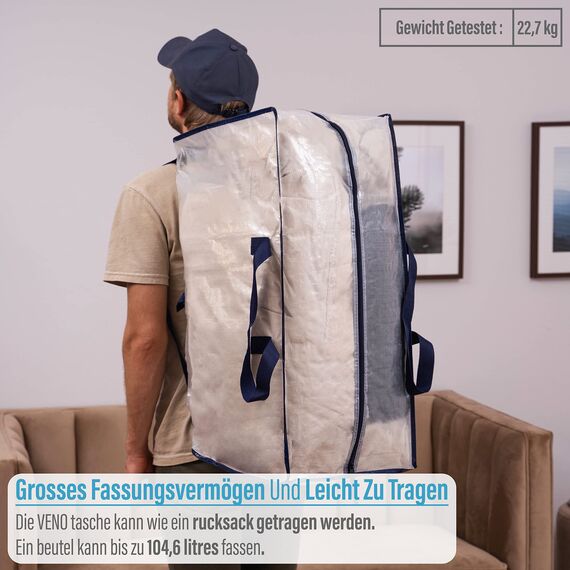 VENO 87 Liter extra große Umzugstaschen mit Rucksackgurten, Umzugshelfer, starke Griffe und Reißverschlüsse, Kleideraufbewahrung, Wäschesäcke, wiederverwendbar und nachhaltig (Transparent, 2er-Pack)