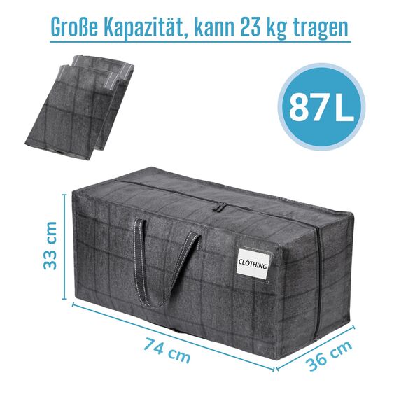 VENO 87 Liter extra große Umzugstaschen mit Rucksackgurten, Umzugshelfer, starke Griffe und Reißverschlüsse, Kleideraufbewahrung, Wäschesäcke, wiederverwendbar (Schwarzes Fenstertuch, 4er-Pack)