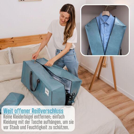 VENO 87 Liter extra große Umzugstaschen mit Rucksackgurten, Umzugshelfer, Starke Griffe und Reißverschlüsse, Kleideraufbewahrung, Wäschesäcke, wiederverwendbar und nachhaltig (Hellblau, 6er-Pack)