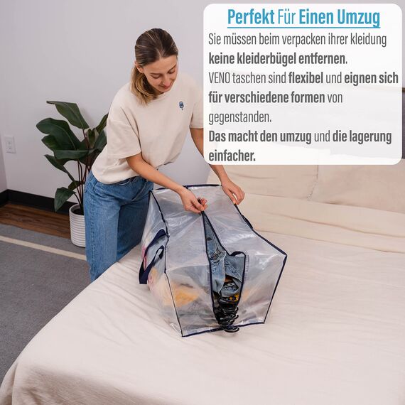 VENO 87 Liter extra große Umzugstaschen mit Rucksackgurten, Umzugshelfer, starke Griffe und Reißverschlüsse, Kleideraufbewahrung, Wäschesäcke, wiederverwendbar und nachhaltig (Transparent, 2er-Pack)