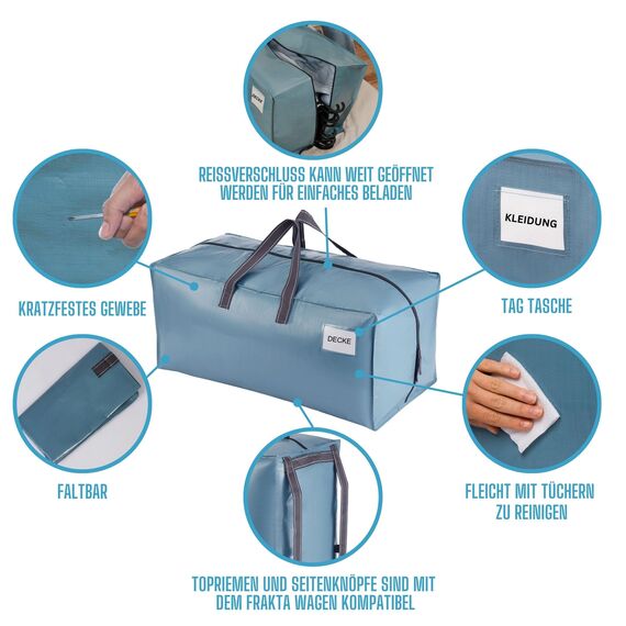 VENO 87 Liter extra große Umzugstaschen mit Rucksackgurten, Umzugshelfer, Starke Griffe und Reißverschlüsse, Kleideraufbewahrung, Wäschesäcke, wiederverwendbar und nachhaltig (Hellblau, 6er-Pack)