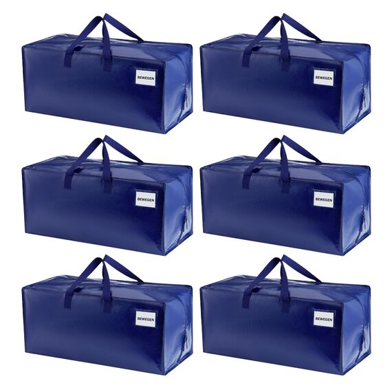 VENO 87 Liter extra große Umzugstaschen mit Rucksackgurten, Umzugshelfer, Starke Griffe und Reißverschlüsse, Kleideraufbewahrung, Wäschesäcke, wiederverwendbar und nachhaltig (Blau, 6er-Pack)