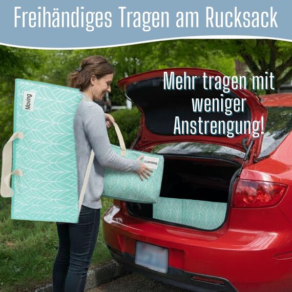VENO 87 Liter extra große Umzugstaschen mit Rucksackgurten, Umzugshelfer, starke Griffe und Reißverschlüsse, Kleideraufbewahrung, wiederverwendbar und nachhaltig (Immergrün, 2er-Pack)