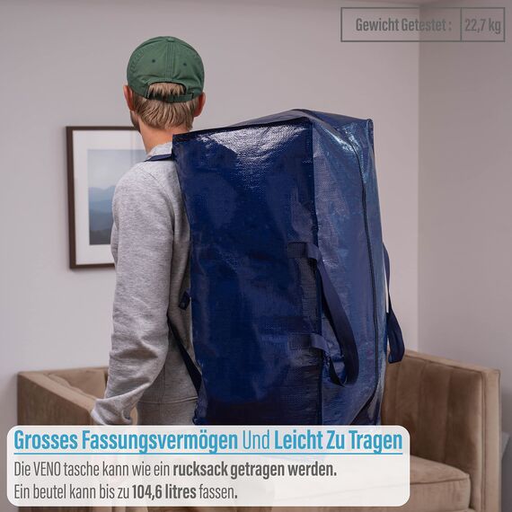 VENO 87 Liter extra große Umzugstaschen mit Rucksackgurten, Umzugshelfer, starke Griffe und Reißverschlüsse, Kleideraufbewahrung, Wäschesäcke, wiederverwendbar und nachhaltig (Blau, 2er-Pack)