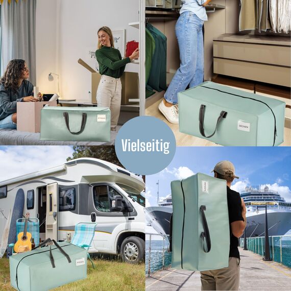 VENO 87 Liter extra große Umzugstaschen mit Rucksackgurten, Umzugshelfer, starke Griffe und Reißverschlüsse, Kleideraufbewahrung, Wäschesäcke, wiederverwendbar und nachhaltig (Hellgrün, 2er-Pack)