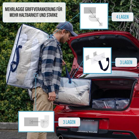 VENO 87 Liter extra große Umzugstaschen mit Rucksackgurten, Umzugshelfer, starke Griffe und Reißverschlüsse, Kleideraufbewahrung, Wäschesäcke, wiederverwendbar (Transparent, 10er-Pack)