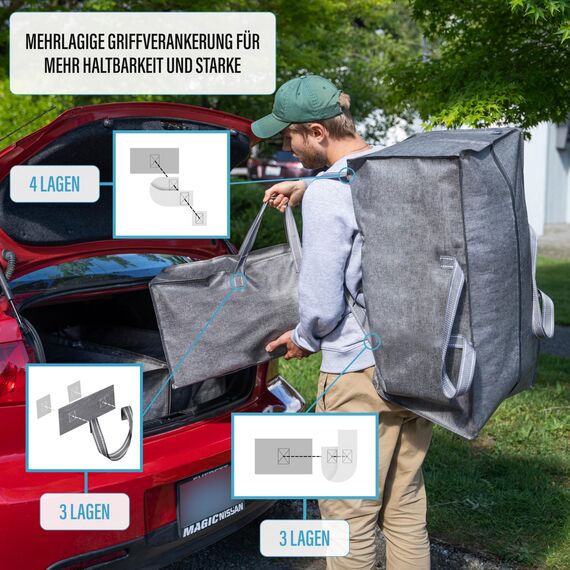 VENO 87 Liter extra große Umzugstaschen mit Rucksackgurten, Umzugshelfer, starke Griffe und Reißverschlüsse, Kleideraufbewahrung, Wäschesäcke, wiederverwendbar und nachhaltig (Grau, 4er-Pack)