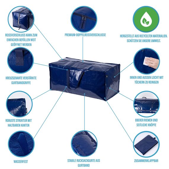 VENO 87 Liter extra große Umzugstaschen mit Rucksackgurten, Umzugshelfer, starke Griffe und Reißverschlüsse, Kleideraufbewahrung, Wäschesäcke, wiederverwendbar und nachhaltig (Blau, 2er-Pack)