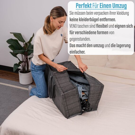VENO 87 Liter extra große Umzugstaschen mit Rucksackgurten, Umzugshelfer, starke Griffe und Reißverschlüsse, Kleideraufbewahrung, Wäschesäcke, wiederverwendbar (Schwarzes Fenstertuch, 2er-Pack)