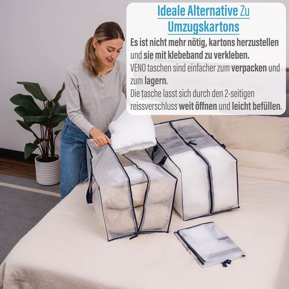 VENO 87 Liter extra große Umzugstaschen mit Rucksackgurten, Umzugshelfer, starke Griffe und Reißverschlüsse, Kleideraufbewahrung, Wäschesäcke, wiederverwendbar (Transparent, 10er-Pack)