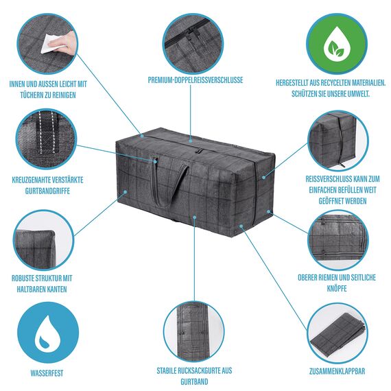 VENO 87 Liter extra große Umzugstaschen mit Rucksackgurten, Umzugshelfer, starke Griffe und Reißverschlüsse, Kleideraufbewahrung, Wäschesäcke, wiederverwendbar (Schwarzes Fenstertuch, 2er-Pack)