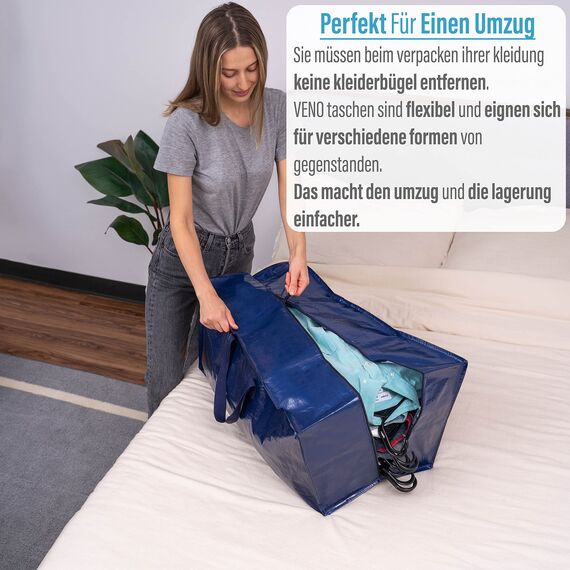 VENO 87 Liter extra große Umzugstaschen mit Rucksackgurten, Umzugshelfer, starke Griffe und Reißverschlüsse, Kleideraufbewahrung, Wäschesäcke, wiederverwendbar und nachhaltig (Blau, 2er-Pack)