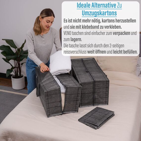 VENO 87 Liter extra große Umzugstaschen mit Rucksackgurten, Umzugshelfer, starke Griffe und Reißverschlüsse, Kleideraufbewahrung, Wäschesäcke, wiederverwendbar (Schwarzes Fenstertuch, 2er-Pack)