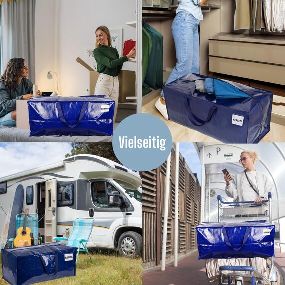 VENO 87 Liter extra große Umzugstaschen mit Rucksackgurten, Umzugshelfer, starke Griffe und Reißverschlüsse, Kleideraufbewahrung, Wäschesäcke, wiederverwendbar und nachhaltig (Blau, 10er-Pack)