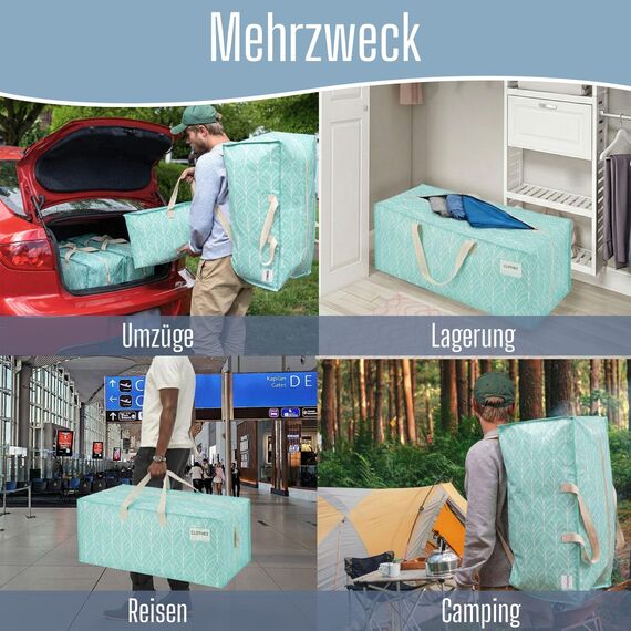VENO 87 Liter extra große Umzugstaschen mit Rucksackgurten, Umzugshelfer, starke Griffe und Reißverschlüsse, Kleideraufbewahrung, wiederverwendbar und nachhaltig (Immergrün, 10er-Pack)