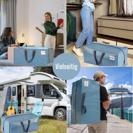 VENO 87 Liter extra große Umzugstaschen mit Rucksackgurten, Umzugshelfer, starke Griffe und Reißverschlüsse, Kleideraufbewahrung, Wäschesäcke, wiederverwendbar und nachhaltig (Hellblau, 2er-Pack)