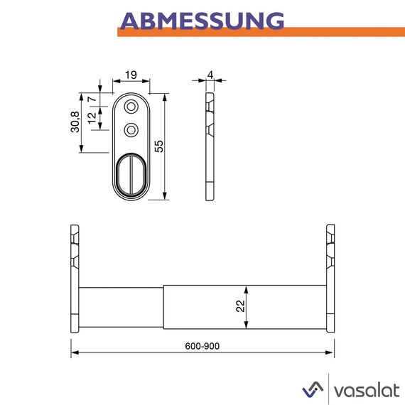 vasalat Kleiderstange ausziehbar 60-90 cm, robust & vielseitig - ausziehbare Kleiderstange, Garderobenstange bis 20kg belastbar - Schrankrohr ausziehbar mit Halterung