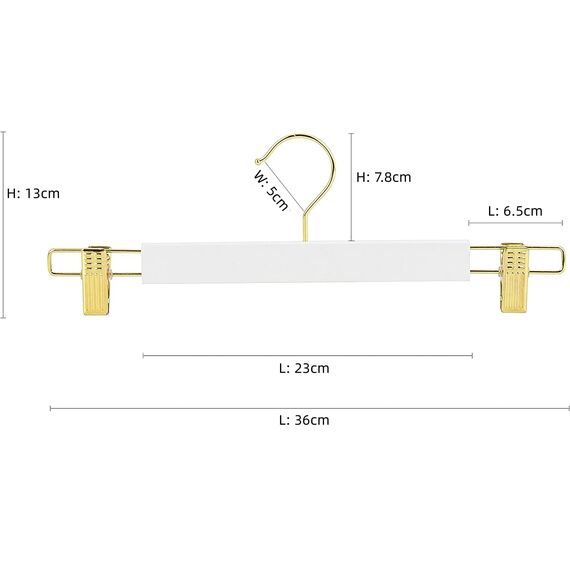Amber Home 10 Stück 36cm Weiß Kleiderbügel aus Holz, Robust und Glänzend Hosenbügel Aufhänger für Hosen Shorts Rock Socken Unterwäsche, mit rutschfest Clips und Drehbar Haken (Gold 10)