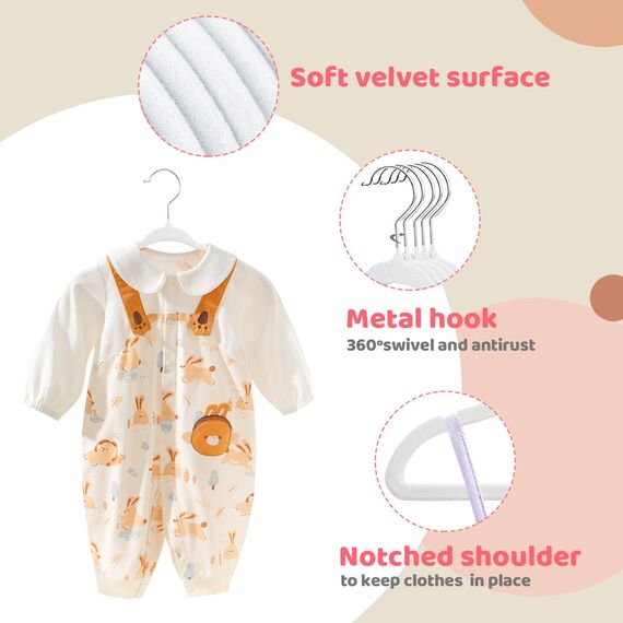 ManGotree 28 cm Baby-Samtbügel, rutschfeste Kinderkleiderbügel mit 360°-Drehhaken, Ultradünne Filz-Kinderkleiderbügel für Baby- und Kleinkinderkleidung, 66 Stück (Weiß)