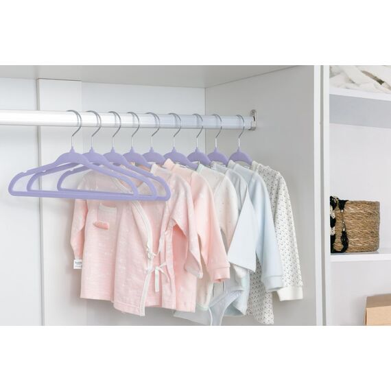 ManGotree 28 cm Baby-Samtbügel, rutschfeste Kinderkleiderbügel mit 360°-Drehhaken, Ultradünne Filz-Kinderkleiderbügel für Baby- und Kleinkinderkleidung, 15 Stück (Lila)