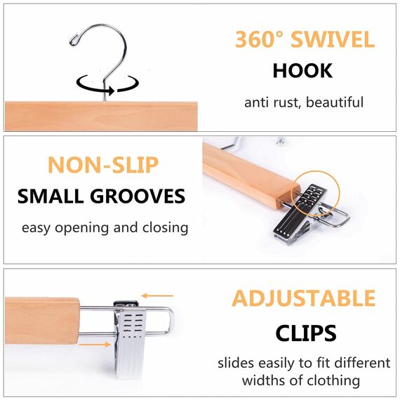 Amber Home 20 Stück 36cm Natürliche Kleiderbügel aus Holz, Robust und Glänzend Hosenbügel Aufhänger für Hosen Shorts Rock Socken Unterwäsche, mit rutschfest Clips und Drehbar Haken