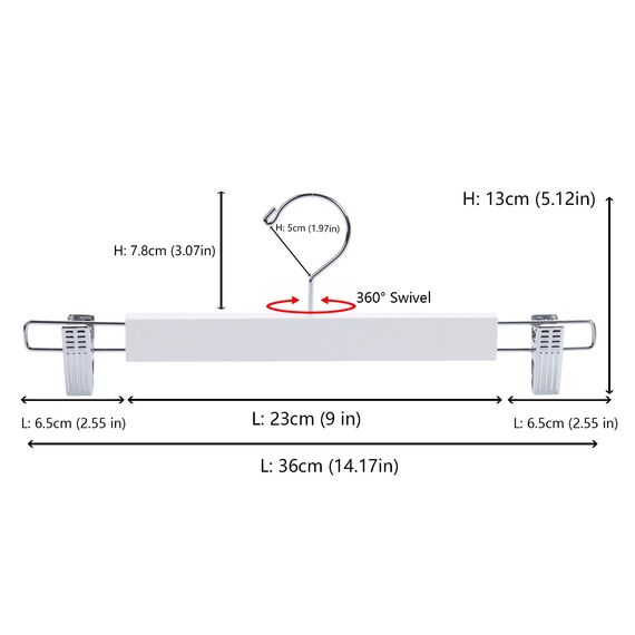 Amber Home 10 Stück 36cm Weiß Kleiderbügel aus Holz, Robust und Glänzend Hosenbügel Aufhänger für Hosen Shorts Rock Socken Unterwäsche, mit rutschfest Clips und Drehbar Haken