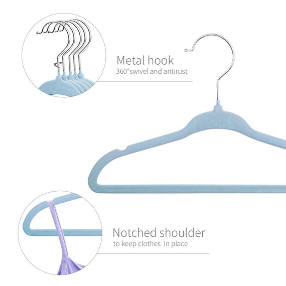 ManGotree Baby Samt Kleiderbügel für Säuglinge und Kleinkinder, 27,8cm Kinder Größe, 360 Grad Drehbar, Ultradünnes und Rutschfestes Design, 15 Stück (Blau)