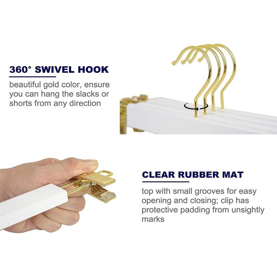 Amber Home 10 Stück 36cm Weiß Kleiderbügel aus Holz, Robust und Glänzend Hosenbügel Aufhänger für Hosen Shorts Rock Socken Unterwäsche, mit rutschfest Clips und Drehbar Haken (Gold 10)