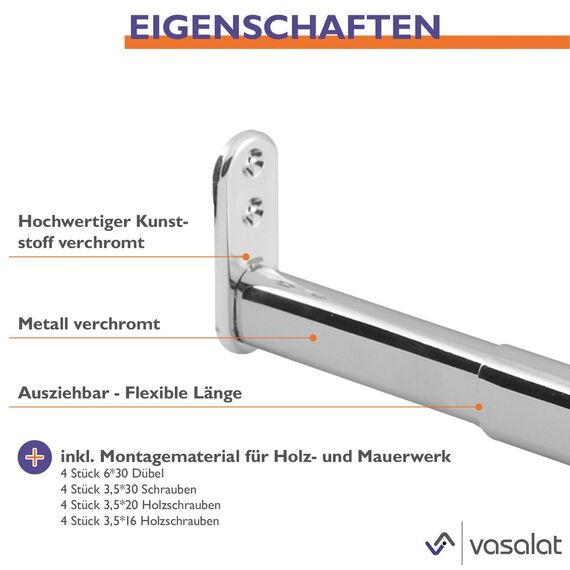 vasalat Kleiderstange ausziehbar 60-90 cm, robust & vielseitig - ausziehbare Kleiderstange, Garderobenstange bis 20kg belastbar - Schrankrohr ausziehbar mit Halterung