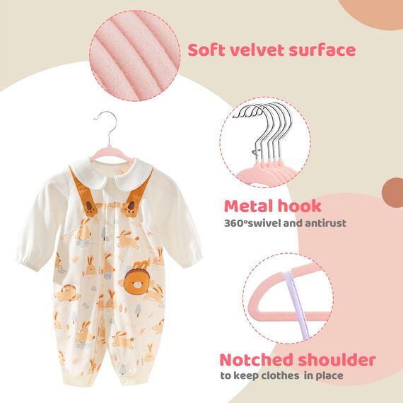 ManGotree 27,8 cm Baby-Samtbügel, rutschfeste Kinderkleiderbügel mit 360°-Drehhaken, Ultradünne Filz-Kinderkleiderbügel für Baby- und Kleinkinderkleidung, 48 Stück (Hellrosa)