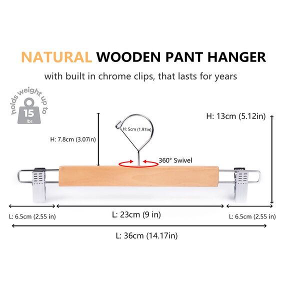 Amber Home 20 Stück 36cm Natürliche Kleiderbügel aus Holz, Robust und Glänzend Hosenbügel Aufhänger für Hosen Shorts Rock Socken Unterwäsche, mit rutschfest Clips und Drehbar Haken