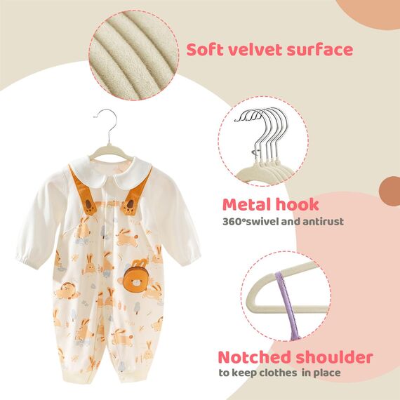 ManGotree 28 cm Baby-Samtbügel, rutschfeste Kinderkleiderbügel mit 360°-Drehhaken, Ultradünne Filz-Kinderkleiderbügel für Baby- und Kleinkinderkleidung, 66 Stück (Beige)