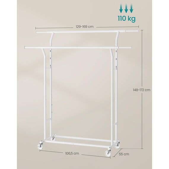 SONGMICS Kleiderständer auf Rollen, Garderobenständer aus Metall, Garderobenstange, Kleiderstange ausziehbar, höhenverstellbar, mattweiß HSR012W01