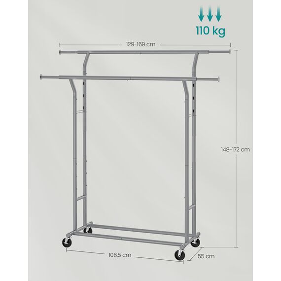 SONGMICS Kleiderständer auf Rollen, Garderobenständer aus Metall, Garderobenstange, Kleiderstange ausziehbar, höhenverstellbar, Taubengrau HSR012G01