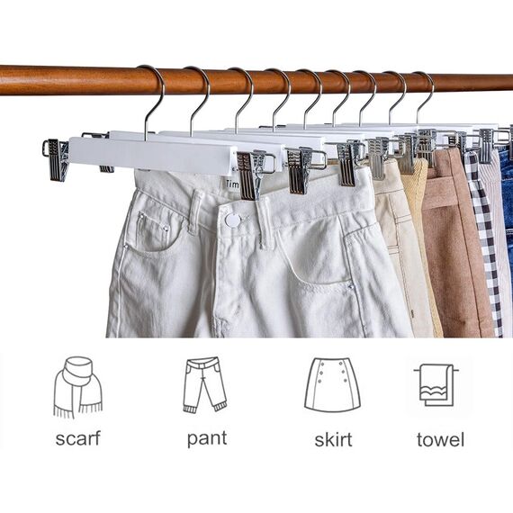 Amber Home 20 Stück 36cm Weiß Kleiderbügel aus Holz, Robust und Glänzend Hosenbügel Aufhänger für Hosen Shorts Rock Socken Unterwäsche, mit rutschfest Clips und Drehbar Haken