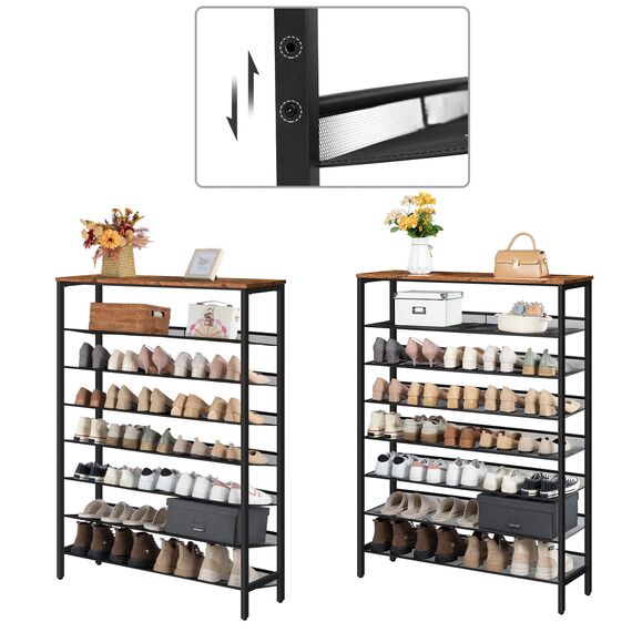 HOOBRO 8-stöckiges Schuhregal, Schuhschrank hoch, Große schmal Schuhablage, Flache und kippbare, 100 x 30 x 137 cm, Metall, für 32-40 Paar Schuhe, für Eingang, Flur, Dunkelbraun-Schwarz EBF118XJ01