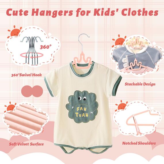 ManGotree Baby-Samtbügel, rutschfeste Filz-Kinderkleiderbügel, 32 cm Niedliche Kronenbügel für den Kleiderschrank, Platzsparende Kleinkindbügel für Babykleidung (20 Stück, Rosa)
