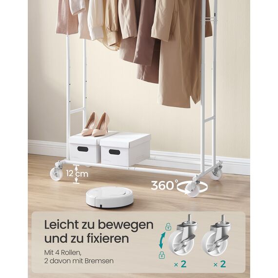 SONGMICS Kleiderständer auf Rollen, Garderobenständer aus Metall, Garderobenstange, Kleiderstange ausziehbar, höhenverstellbar, mattweiß HSR012W01